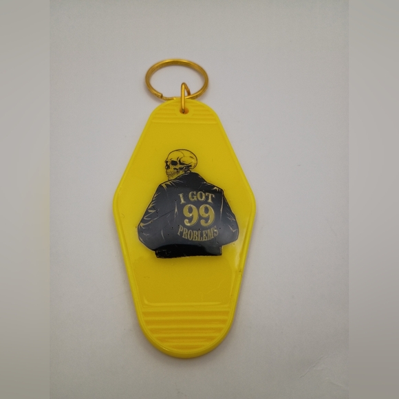 Handmade Accessories - Motel Keychain Custom Retro Styled Yellow Skeleton "99 Problems" Keyring Gift